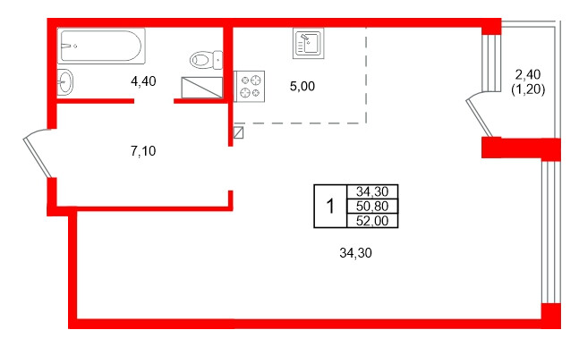 Планировка — 1-комн квартира, 50,8 м² в ЖК «Дом на Бронницкой»