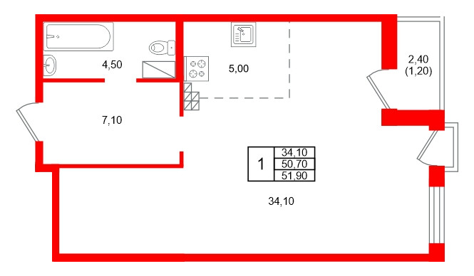 Планировка — 1-комн квартира, 50,7 м² в ЖК «Дом на Бронницкой»