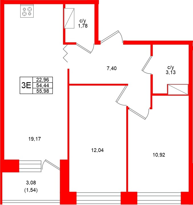 Квартира в ЖК Квартал Уютный, 2 комнатная, 55.98 м², 4 этаж