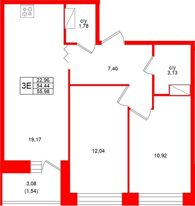 Квартира в ЖК Квартал Уютный, 2 комнатная, 55.98 м², 6 этаж