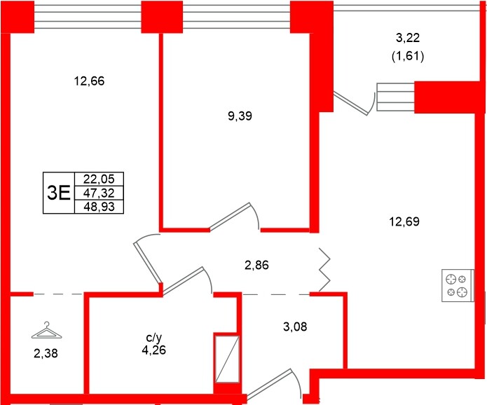 Квартира в ЖК Квартал Уютный, 2 комнатная, 48.93 м², 6 этаж