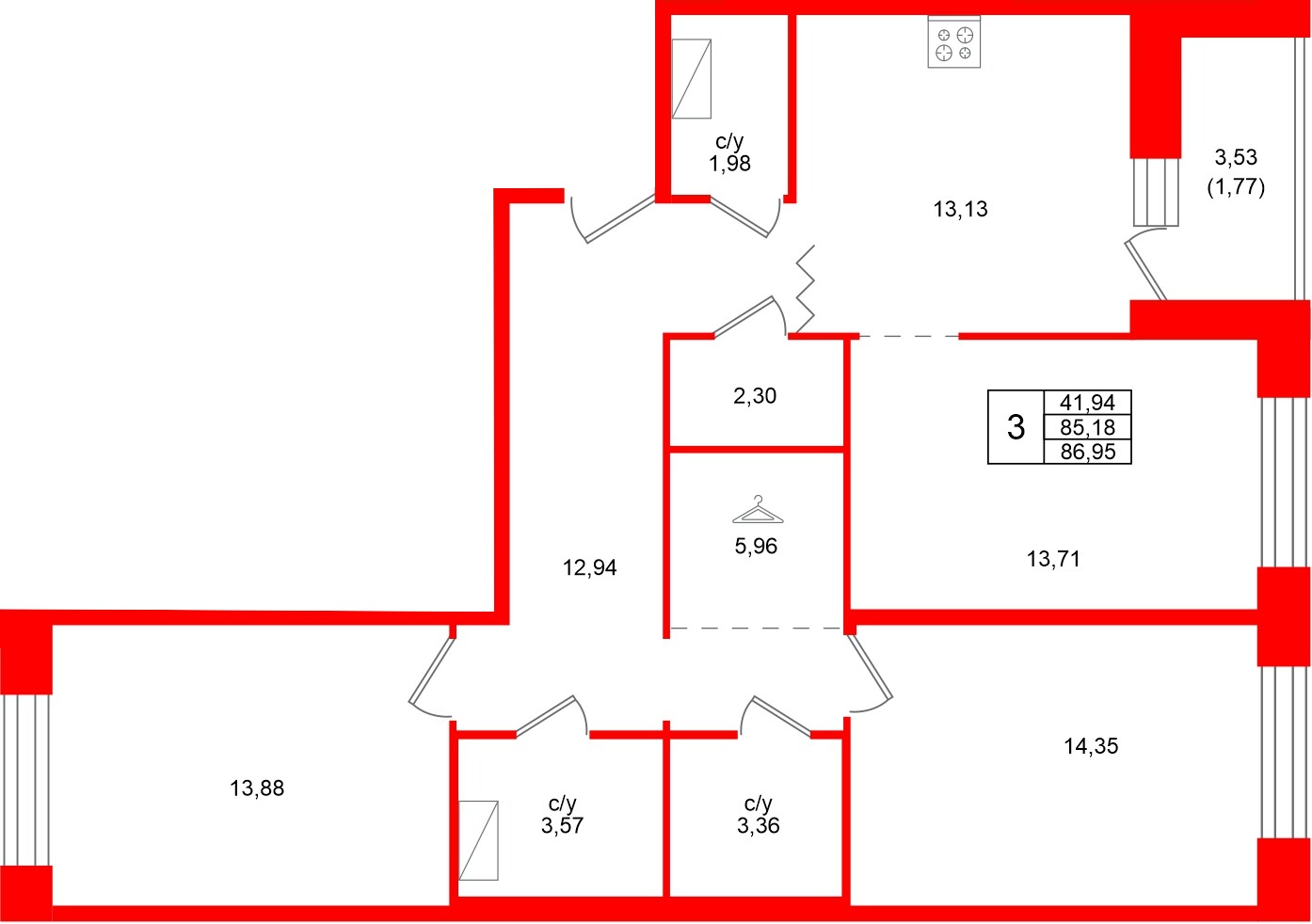Квартира в ЖК Квартал Уютный, 3 комнатная, 86.95 м², 7 этаж
