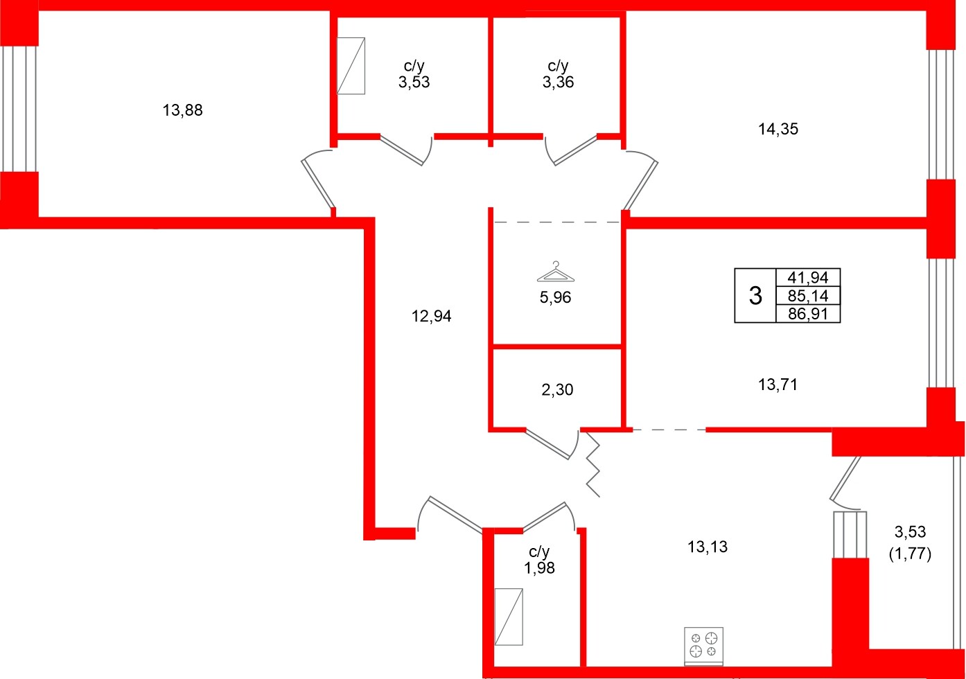 Квартира в ЖК Квартал Уютный, 3 комнатная, 86.91 м², 7 этаж