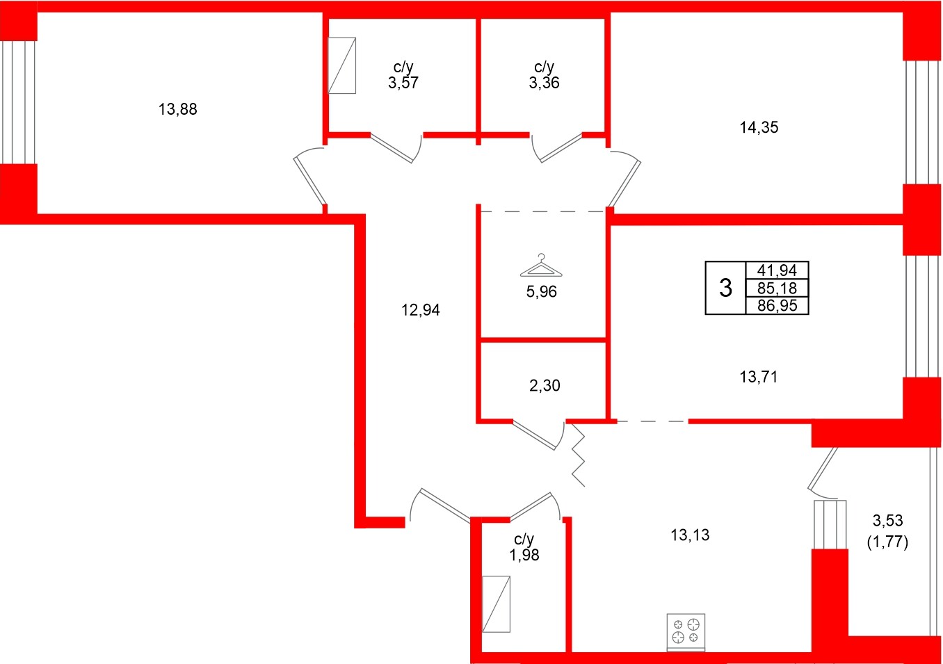 Квартира в ЖК Квартал Уютный, 3 комнатная, 86.95 м², 4 этаж