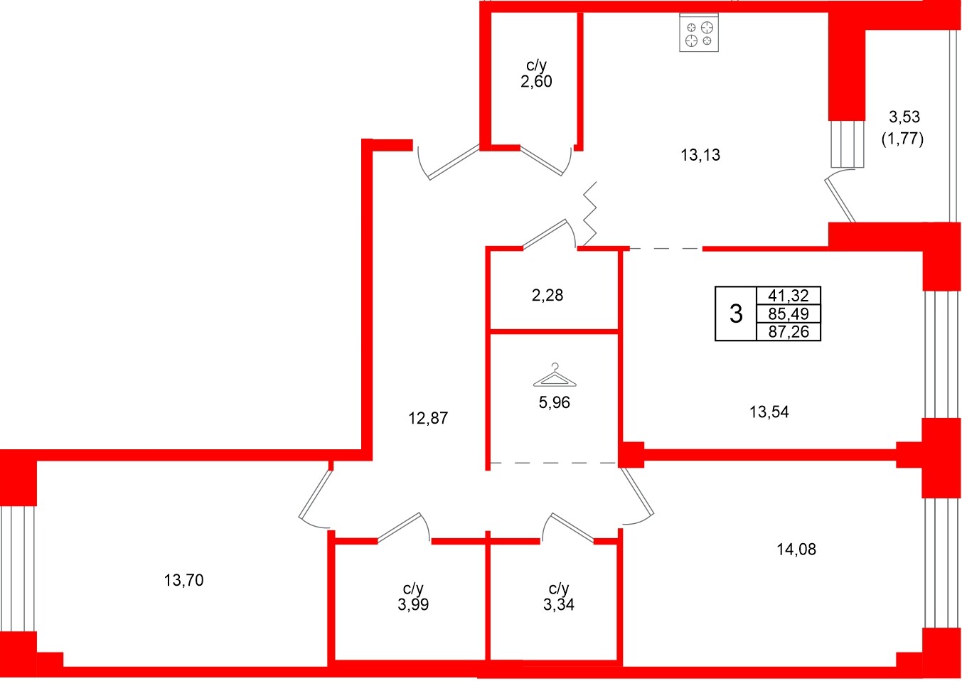 Квартира в ЖК Квартал Уютный, 3 комнатная, 87.26 м², 2 этаж