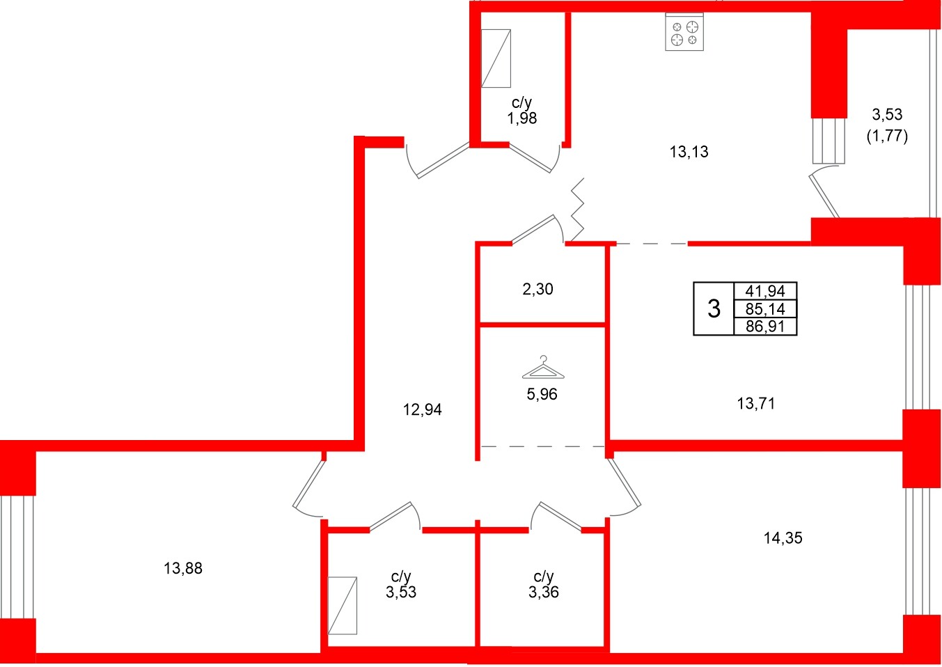 Квартира в ЖК Квартал Уютный, 3 комнатная, 86.91 м², 7 этаж