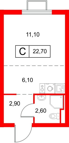 Планировка — Студия квартира, 22,7 м² в ЖК «Янинский Лес»