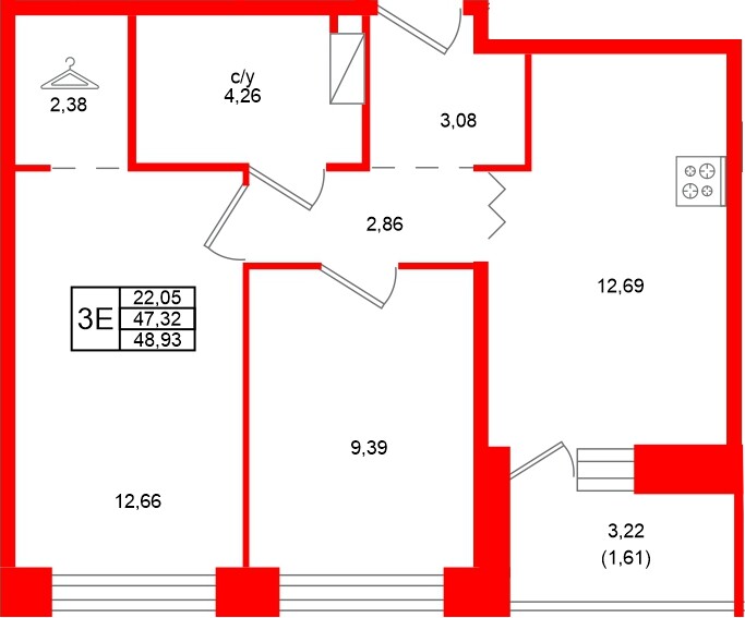 Квартира в ЖК Квартал Уютный, 2 комнатная, 48.93 м², 3 этаж