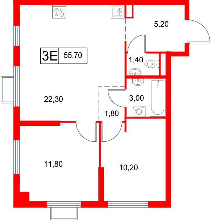Квартира в ЖК «Янинский Лес», 2 комнатная, 55.7 м², 2 этаж