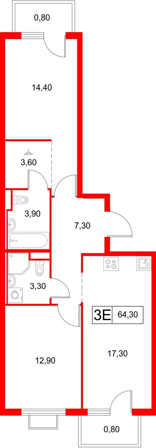 Квартира в ЖК «Янинский Лес», 2 комнатная, 64.3 м², 13 этаж