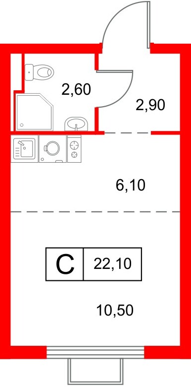 Планировка — Студия квартира, 22,1 м² в ЖК «Янинский Лес»