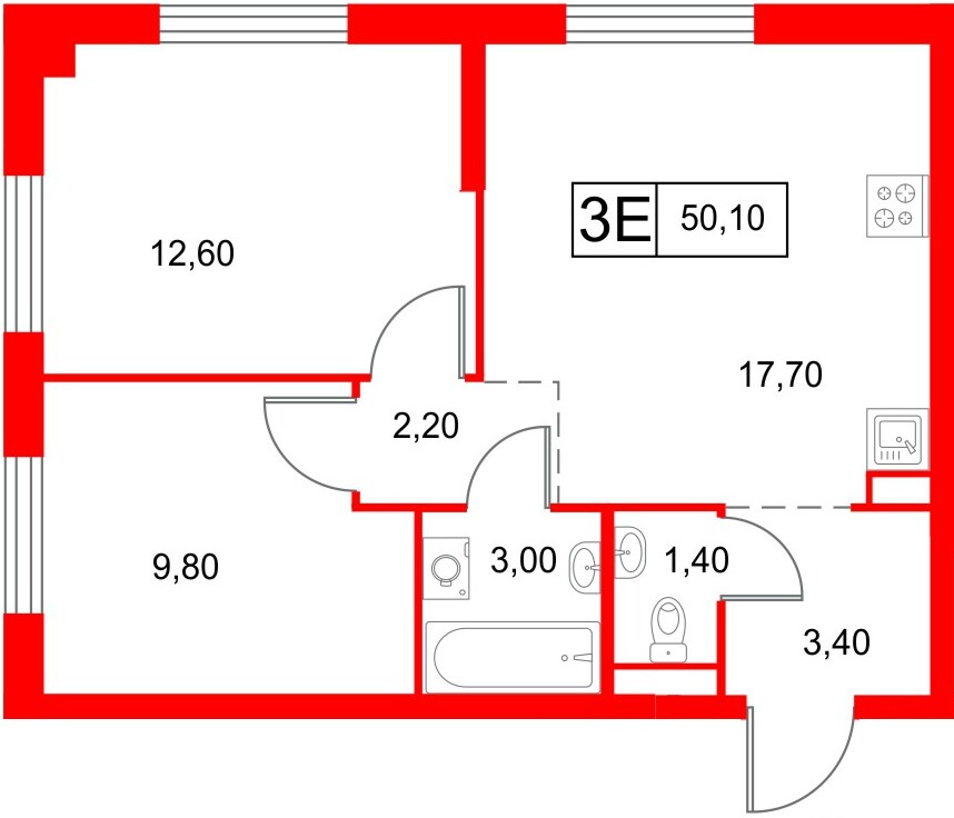 Квартира в ЖК «Янинский Лес», 2 комнатная, 50.1 м², 1 этаж