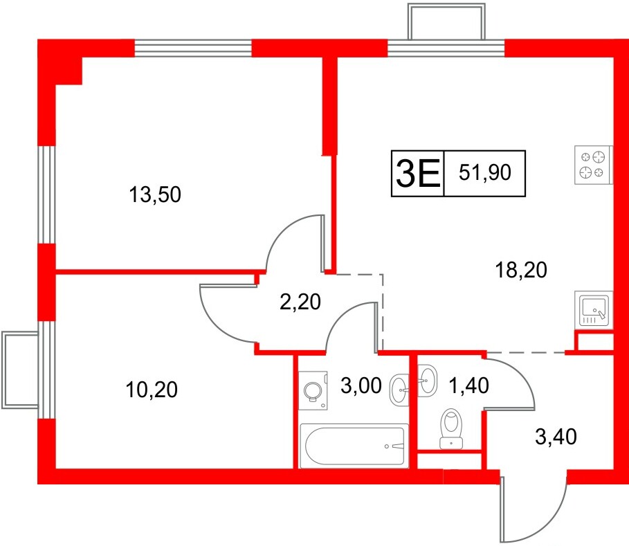 Квартира в ЖК «Янинский Лес», 2 комнатная, 51.9 м², 9 этаж