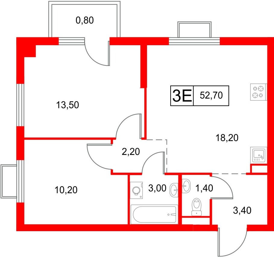 Квартира в ЖК «Янинский Лес», 2 комнатная, 52.7 м², 14 этаж
