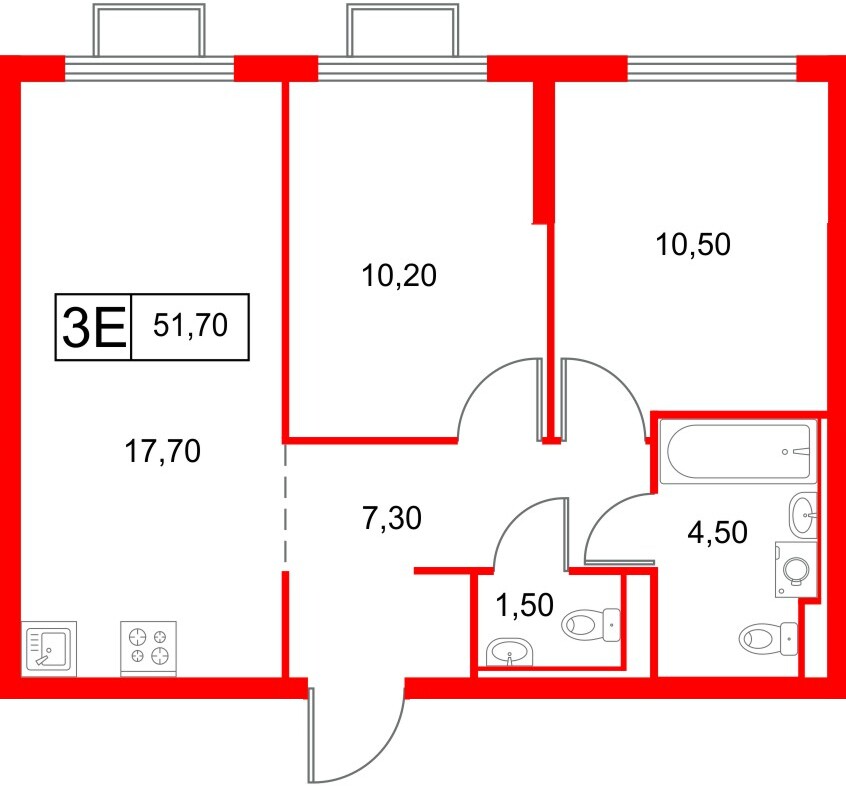 Квартира в ЖК «Янинский Лес», 2 комнатная, 51.7 м², 12 этаж