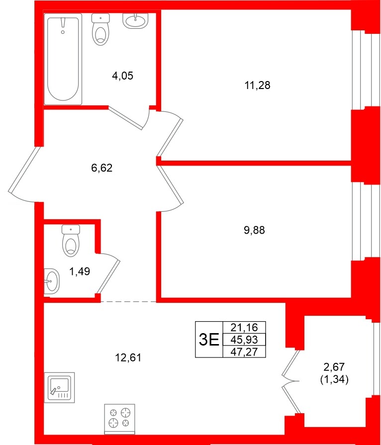 Квартира в ЖК Новатория, 2 комнатная, 47.27 м², 3 этаж