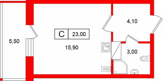 Планировка — Студия квартира, 23,0 м² в ЖК «Полис Лаврики»