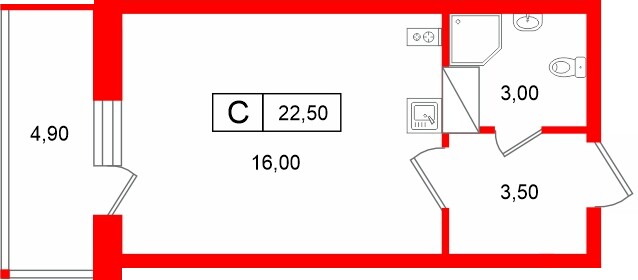 Планировка — Студия квартира, 22,5 м² в ЖК «Полис Лаврики»