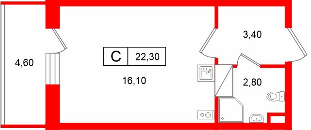 Планировка — Студия квартира, 22,3 м² в ЖК «Полис Лаврики»
