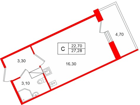 Планировка — Студия квартира, 22,7 м² в ЖК «Полис Лаврики»