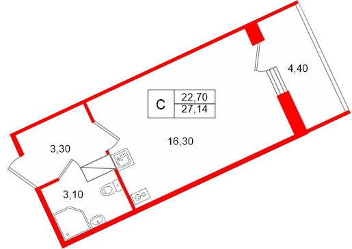 Планировка — Студия квартира, 22,7 м² в ЖК «Полис Лаврики»
