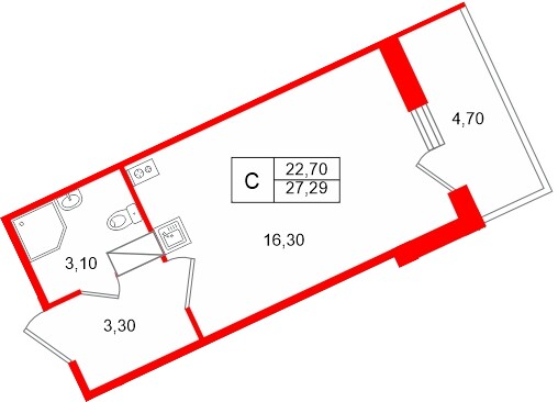 Планировка — Студия квартира, 22,7 м² в ЖК «Полис Лаврики»