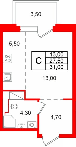 Планировка — Студия квартира, 31,0 м² в ЖК «М36»
