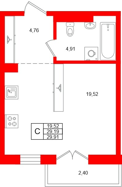 Планировка — Студия квартира, 29,2 м² в ЖК «STAVNI Обводный»