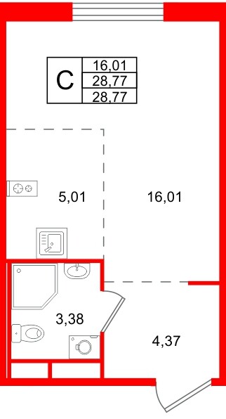 Планировка — Студия квартира, 28,8 м² в ЖК «Романовка»
