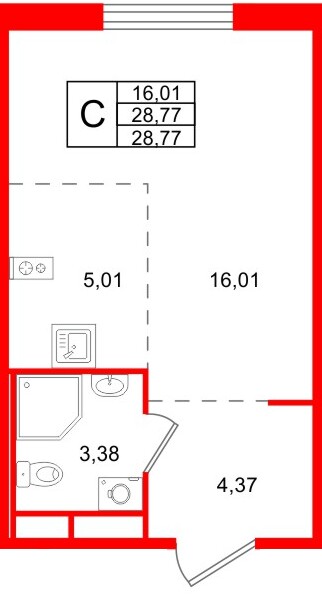 Планировка — Студия квартира, 28,8 м² в ЖК «Романовка»
