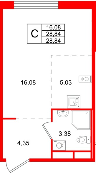 Планировка — Студия квартира, 28,8 м² в ЖК «Романовка»
