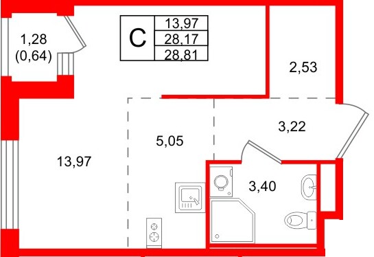 Планировка — Студия квартира, 28,8 м² в ЖК «Романовка»