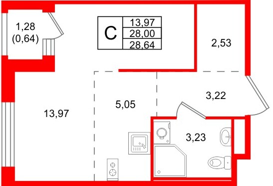Планировка — Студия квартира, 28,6 м² в ЖК «Романовка»