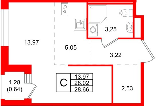 Планировка — Студия квартира, 28,7 м² в ЖК «Романовка»