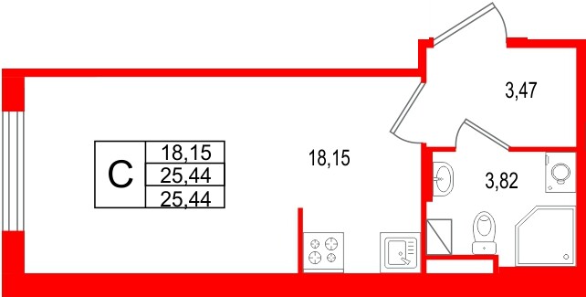 Планировка — Студия квартира, 25,4 м² в ЖК «Новая история»