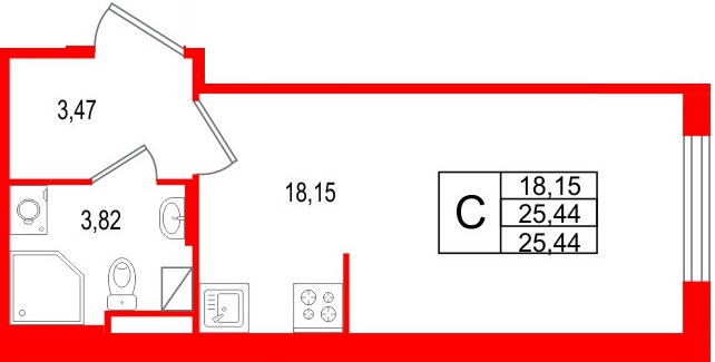 Планировка — Студия квартира, 25,4 м² в ЖК «Новая история»