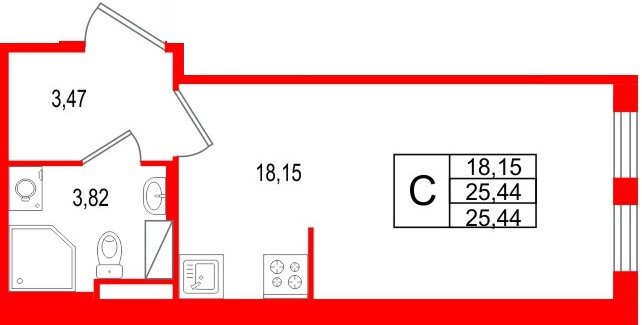 Планировка — Студия квартира, 25,4 м² в ЖК «Новая история»