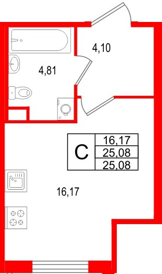 Планировка — Студия квартира, 25,1 м² в ЖК «Новая история»