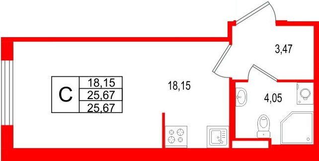 Планировка — Студия квартира, 25,7 м² в ЖК «Новая история»