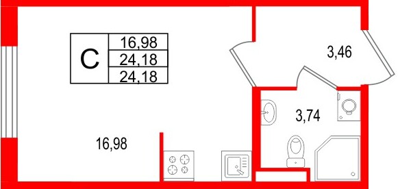 Планировка — Студия квартира, 24,2 м² в ЖК «Новая история»
