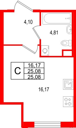 Планировка — Студия квартира, 25,1 м² в ЖК «Новая история»