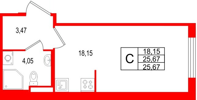 Планировка — Студия квартира, 25,7 м² в ЖК «Новая история»