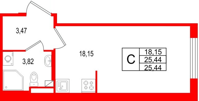 Планировка — Студия квартира, 25,4 м² в ЖК «Новая история»