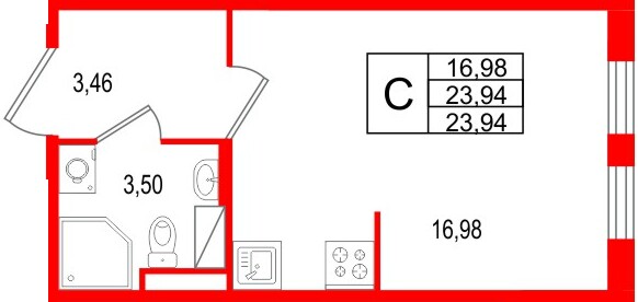 Планировка — Студия квартира, 23,9 м² в ЖК «Новая история»