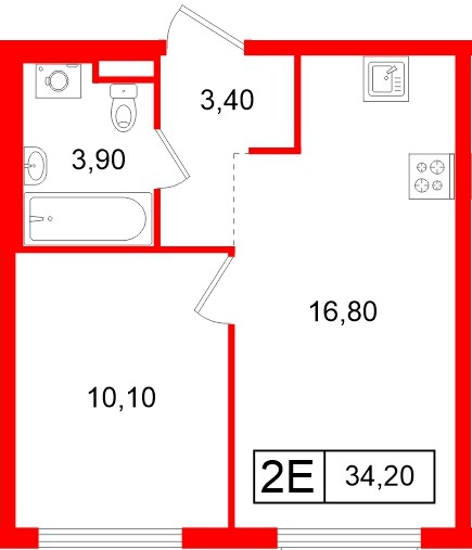 Планировка — 1-комн квартира, 34,2 м² в ЖК «Таллинский парк»