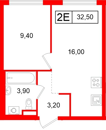 Планировка — 1-комн квартира, 32,5 м² в ЖК «Таллинский парк»