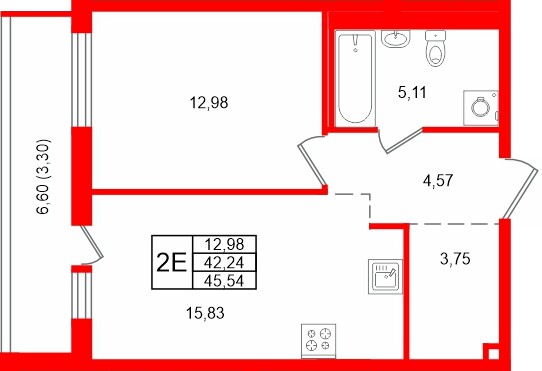Планировка — 1-комн квартира, 45,5 м² в ЖК «Окла Вижн»