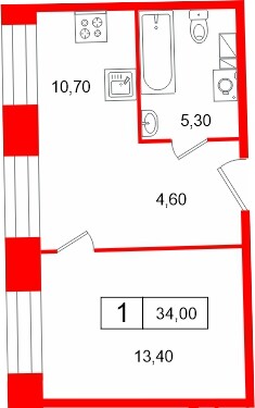 Планировка — 1-комн квартира, 34,0 м² в ЖК «Светоч»