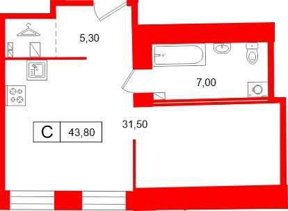 Планировка — Студия квартира, 43,8 м² в ЖК «Светоч»