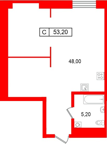 Планировка — Студия квартира, 53,2 м² в ЖК «Типография»